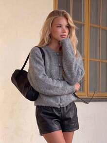 Women's Chinese Style Round Neck Single-Breasted Button-Up Long Sleeve Minimalist Commuter Loose Basic Solid Color Thick Warm Cardigan Sweater, Versatile For Autumn/Winter - Grey - View 6