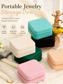 1pc Portable Small Jewelry Storage Box With Zipper And Soft Velvet Lining, Ring Holder, Earring Necklace Bracelet Organizer, Compact Jewelry Box, Fits In Handbag, Perfect For Vacation, Birthday And Christmas Gift - Multicolor - View 2