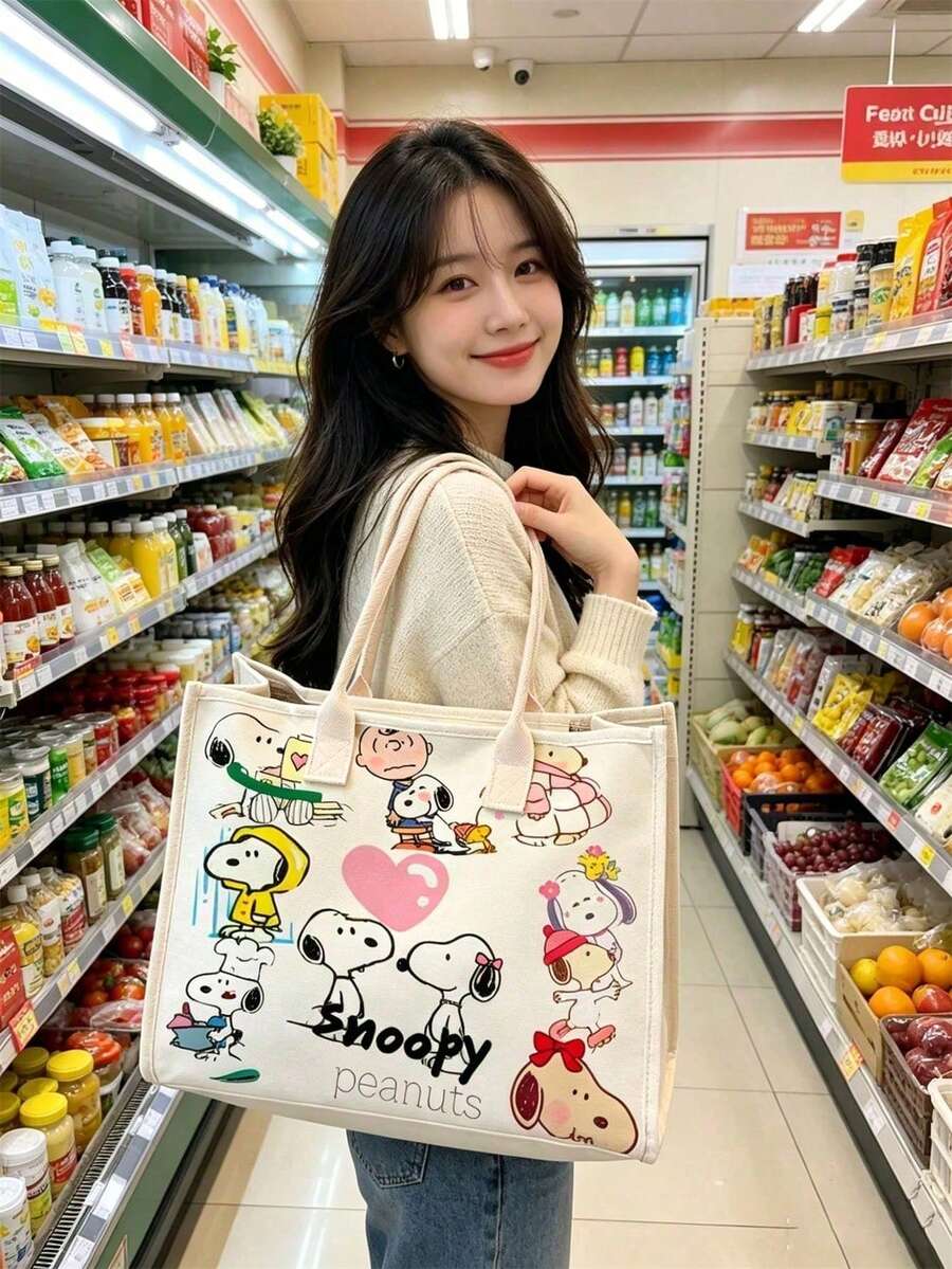 1pc Large Capacity Snoopy Color Block Canvas Tote Bag, Casual Style, Durable Shoulder Strap And Sturdy Fabric, Foldable Lightweight Handbag Suitable For Women, Perfect For School, Work, Gym, Beach And Other Occasions - Rectangle - View 1