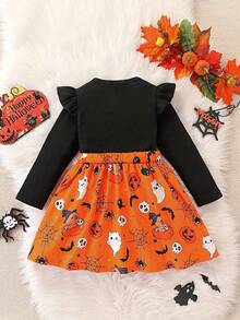 Girls' Halloween Skeleton Ghost Pumpkin Spider All-Over Print Patchwork Ribbed Long Sleeve Round Neck Dress, Suitable For Vacation, Party, Outdoor, Spring And Autumn - Black - View 3