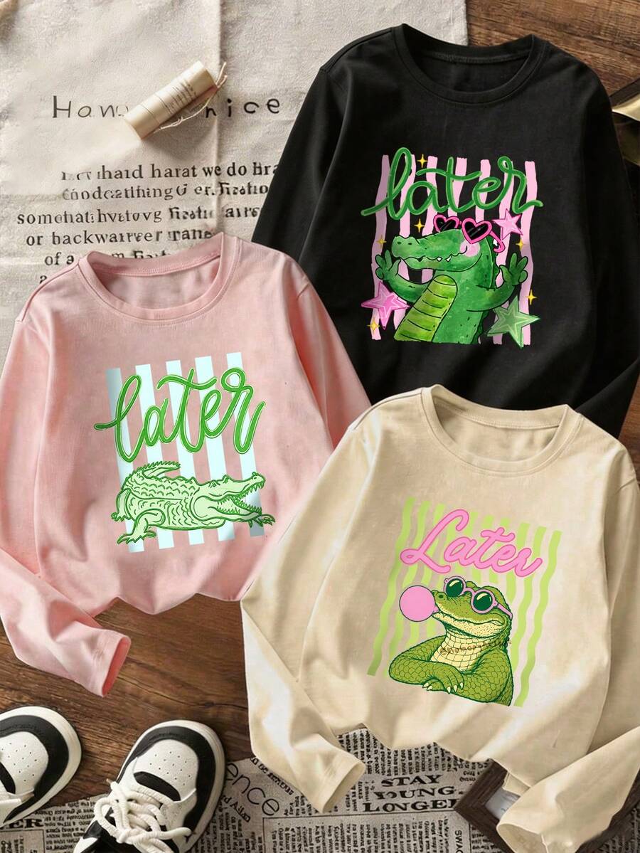 3 Packs Cute Later Crocodile Graphic Long Sleeve T-Shirt, Cartoon Alligator Striped Print Crew Neck Casual Fall Tees - Multicolor - View 1