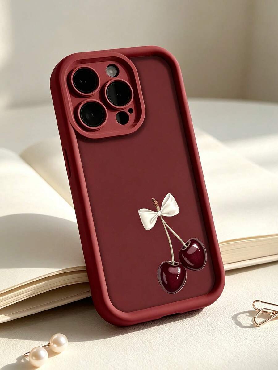 Fashionable Cute Burgundy Cherry Pattern Full Coverage Printed Phone Case, Compatible With IPhone 17/17Pro/17Promax/16/16Promax/15/14/13/12/11 And Other Models, Soft TPU Shockproof Anti-Drop Full Protection Cover, Suitable As Family Gift, Holiday Gift - Burgundy - View 1