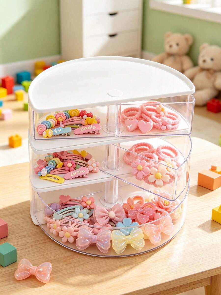 1 pieza Caja de almacenamiento giratoria semicircular blanca transparente, organizador de tocador giratorio 360° para pinzas de pelo y ligas para el cabello - Multicolor - Ver 1