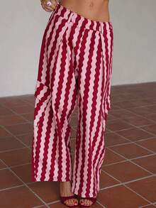 New Fashion Elegant Striped Colorblock Vacation Beach Casual Long Pants For Women, All Seasons - Pink Stripes - View 2