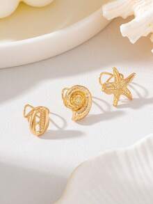 3pcs Starfish Seashell Design Bohemian Vacation Style 3D Textured Open Gold-Tone Metal Ear Cuffs, Elegant Exquisite Women's Ear Clips For Daily Wear, Party, Music Festival, Street Style, Beach, Seaside, Bikini - Starfish, Conch, Seashell - View 4
