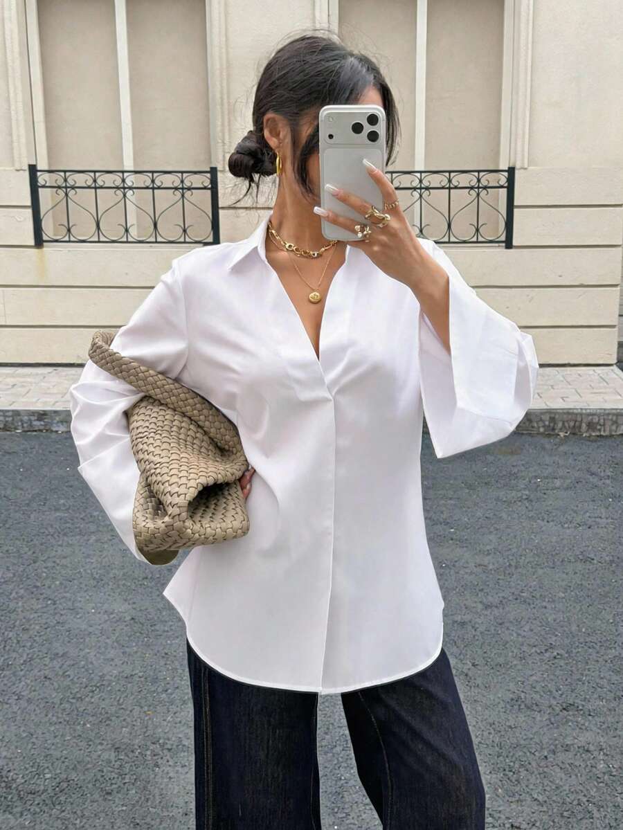 Cross Collar Terry Cotton Shirt - White - View 1