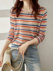 Camiseta de manga larga con cuello redondo y bloques de color para mujer, prenda básica de punto casual para primavera, otoño e invierno - Colores mezclados - Ver 8