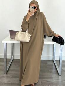 Solid Color Loose One-Piece Hijab Long Robe, Elastic Ribbed Cuffs Wide Sleeve Elegant Jilbab Robe, Muslim Women Daily Prayer Casual Outfit - Multicolor - View 7