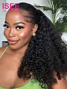 ISEE Half Wig, Human Hair, Glueless Half Wig, Upgraded 3-In-1 Half Wig With Drawstring, Seamless Clip-In, Reversible, Fluffy Curly, Human Hair, No Glue Or Lace, 180% Density, 14-28 Inches - SNatural - View 3