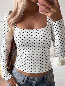 GLAMSKIN Women's Autumn Basic Polka Dot Square Neck Long Sleeve Fitted Short Top, White Sexy Fitted T-Shirt, Casual Shirt, Suitable For Back To School And Outings - White Background With Black Dots - View 1