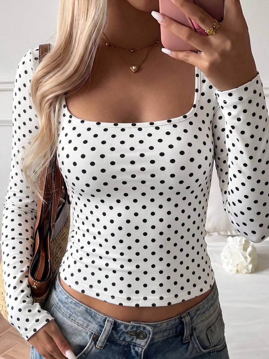GLAMSKIN Women's Autumn Basic Polka Dot Square Neck Long Sleeve Fitted Short Top, White Sexy Fitted T-Shirt, Casual Shirt, Suitable For Back To School And Outings - White Background With Black Dots - View 1
