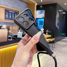 1pc Fashion Pure Android TPU Material Adjustable Lanyard + Blue Diagonal Floral Pattern Lens Protection Thick Anti-Fall Anti-Fingerprint Black Diamond Sand Phone Case Compatible With Samsung/Transsion/HONOR/ - Black - View 6