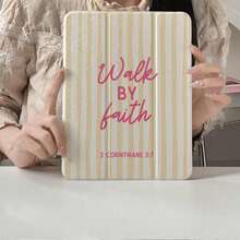 1件奶油黃條紋「Walk By Faith」聖經金句印花平板保護殼，附筆槽、多角度磁吸支架，支援自動休眠/喚醒，適用 iPad Pro/Air、Pad 5/6/7、MatePad - 彩色 - 查看 2