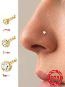 1件 2mm-4mm 925純銀直棒 L型鼻釘環，中性穿刺飾品，低過敏唇釘式壓入耳環 - 金色 - 查看 8