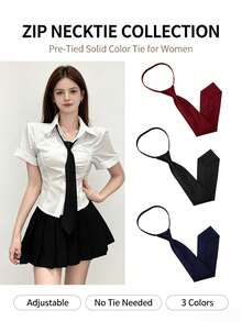 3/1件女款預綁領帶，純色可調節易拉蝴蝶結，JK制服校服襯衫配件，經典學院風女孩日常Cosplay穿搭，黑色、海軍藍、酒紅色三色可選 - 多色2 - 查看 7