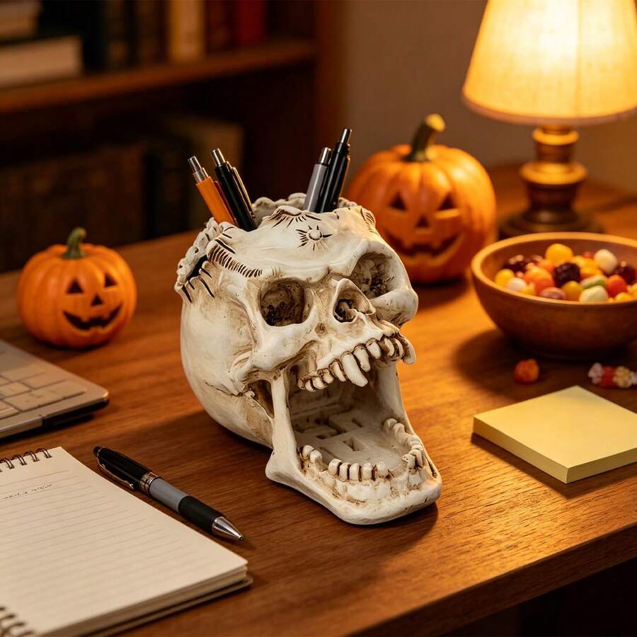 1pc Creative Horrible Wide-Mouth Skull Pen Holder Storage Rack, Desktop Organizer Decor For Home & Office, Unique Halloween Gift Ornament Room Decor Home Decor Halloween Decor
