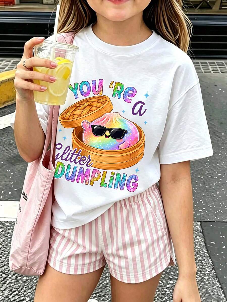 Tween Girl Casual Fun Print Crew Neck Short Sleeve Pullover T-Shirt Summer Top - White - View 1