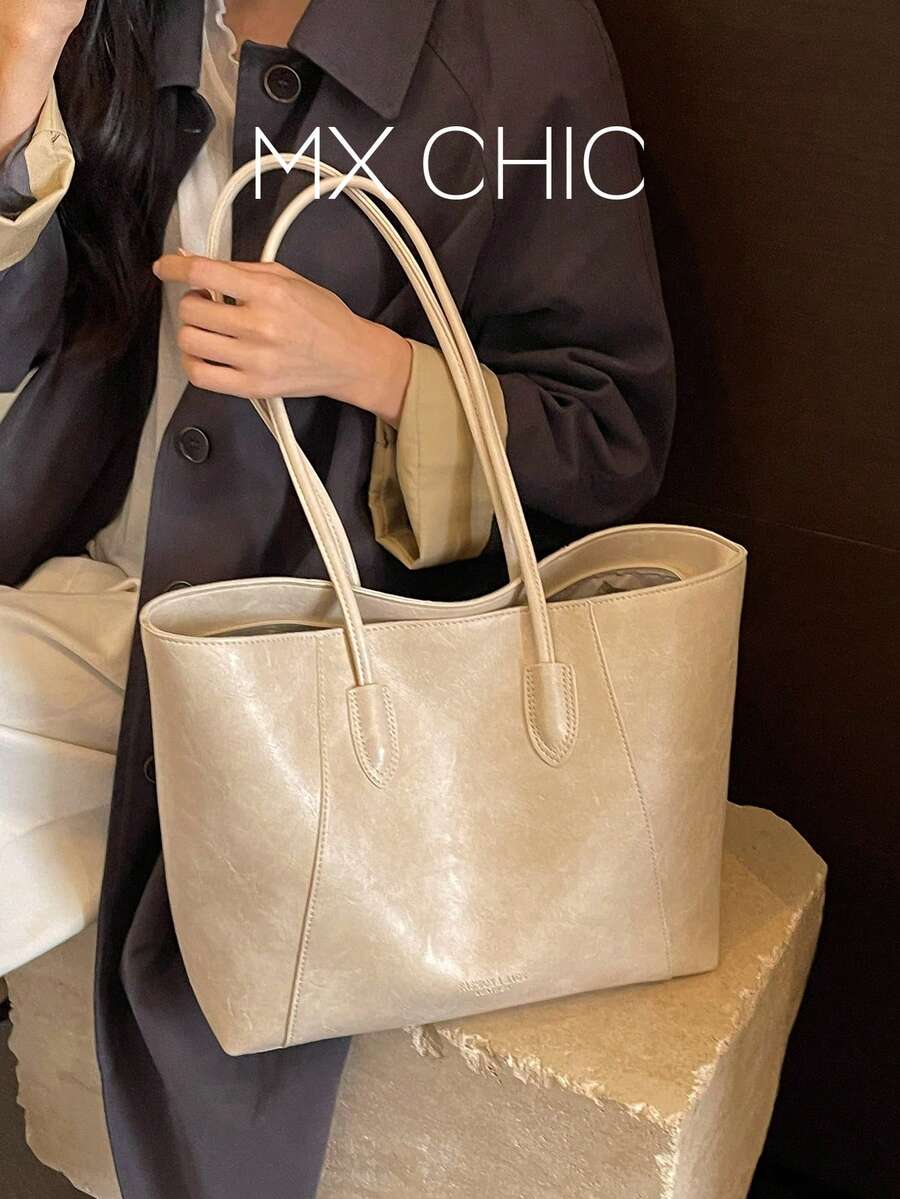 1件女款純色PU中隔層單肩托特包,大容量,適合外出、購物、約會、送禮 - 米色 - 查看 1