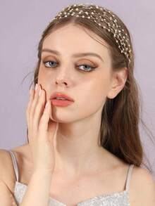 1pc Gold Crystal Rhinestone Headband, Crown Tiara Jewelry Hair Accessory, Gift For Party, Wedding, Bride - Gold - View 6