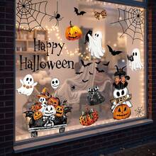 9pcs Happy Halloween Cartoon Window Stickers, Ghost, Black Cat, Pumpkin Truck, Bat, Spider Web Static Cling Window Decals, Cozy Halloween Home Party Decoration - Multicolor - View 1