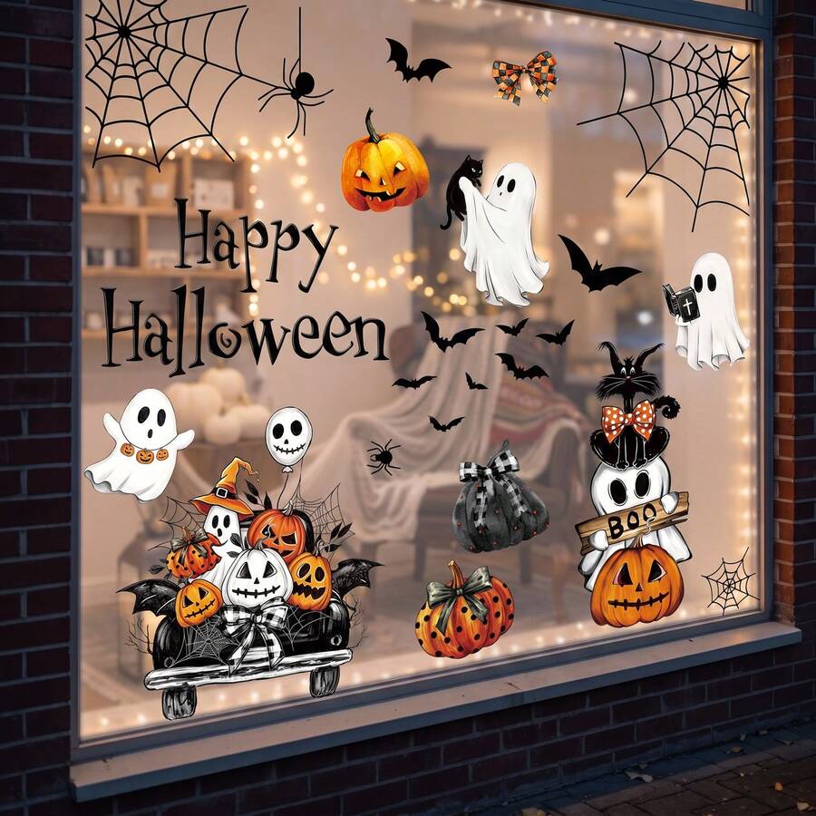 9pcs Happy Halloween Cartoon Window Stickers, Ghost, Black Cat, Pumpkin Truck, Bat, Spider Web Static Cling Window Decals, Cozy Halloween Home Party Decoration - Multicolor - View 1