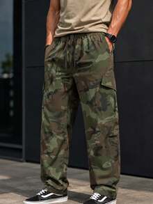 Men's Camouflage Wide Leg Cargo Pants, Drawstring Elastic Waistband Multi-Pocket Loose Streetwear Casual Long Pants, Suitable For Daily Wear - Army Green - View 9