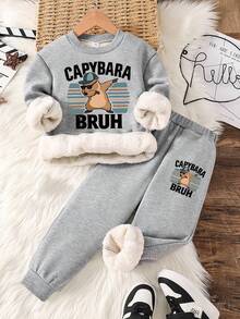Toddler Capybara Print Warm Crew Neck Sweatshirt And Sweatpants - Grey - View 1