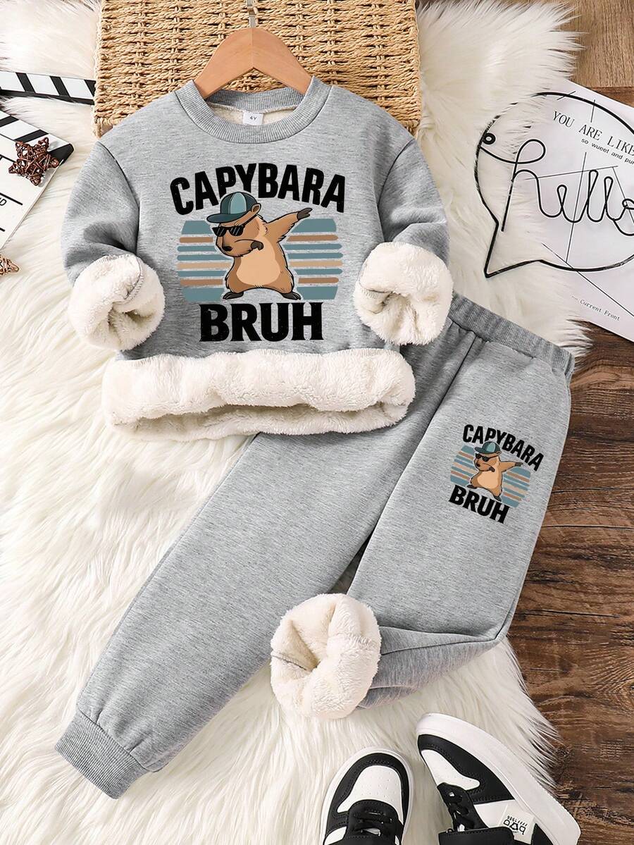 Toddler Capybara Print Warm Crew Neck Sweatshirt And Sweatpants - Grey - View 1
