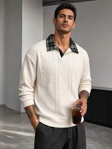 Blueprint Man 1pc Men's Polo Shirt, Apricot 3D Cable Knit Body, Plaid Patchwork Collar, V-Neck Placket, Comfortable Skin-Friendly Soft Anti-Pilling Knit Fabric, Old Money Vintage Casual Style, Spring/Autumn Commute, Shopping, Travel - Apricot - View 2