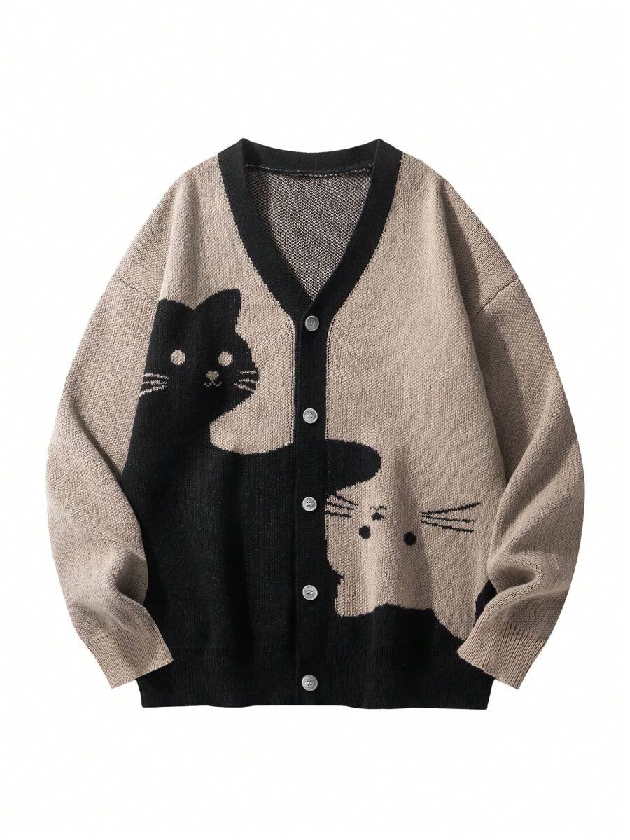 Cartoon Cat Intarsia Knit Cardigan Men V Neck Button Loose Casual Sweater Jacket - Khaki - View 1