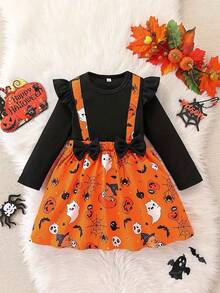 Girls' Halloween Skeleton Ghost Pumpkin Spider All-Over Print Patchwork Ribbed Long Sleeve Round Neck Dress, Suitable For Vacation, Party, Outdoor, Spring And Autumn - Black - View 2