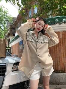New Women's Spring/Autumn Patchwork Corduroy Long Sleeve Shirt, Designer Niche Unique Blouse Cardigan Jacket - Apricot - View 9