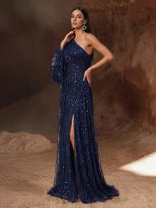 YISIKADO Asymmetrical Neck Split Thigh Sequin Formal Dress Elegant Long Sleeve Prom Evening Wedding Guest Gown, For Graduation, Dinner Party Dress Spring Fall - Navy Blue - View 6