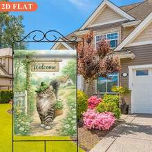 2D Flat Flag 1pc, Welcome Cat Garden Flag, Single-Sided Printed Design, Perfect For Outdoor, Lawn And Yard, Home Yard Decor Flag, Holiday Theme Celebration, Easy To Install, Flag Only - A - View 4