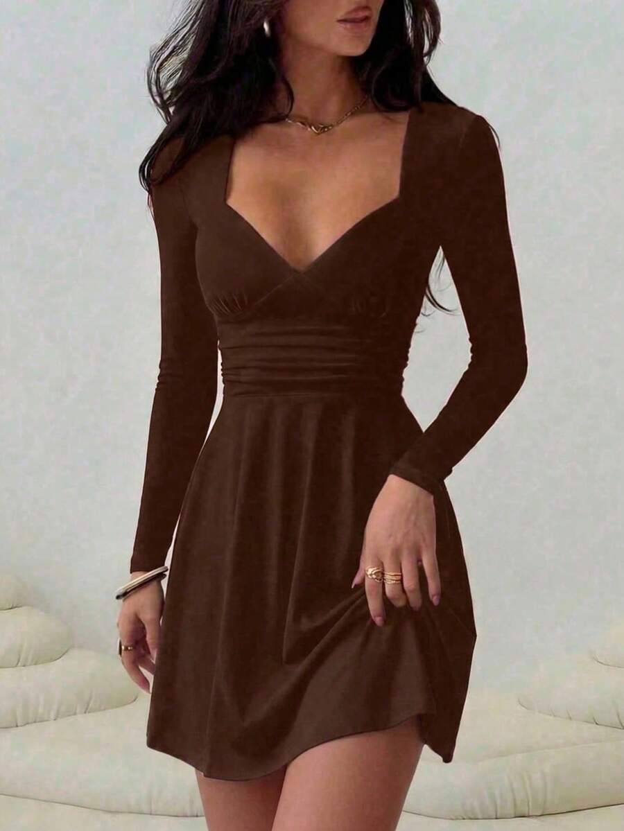 Sexy Fashion V-Neck Ruched Waist Ruffle Hem Long Sleeve Mini Dress, Spring/Summer New Arrival Elegant Brown - Brown - View 1