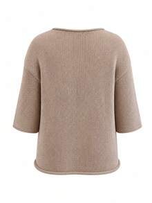 Pullover Wanita Ukuran Besar dengan Detail Mawar 3D, Leher Bulat, Bahu Longgar, Sweater Rajut Musim Gugur - Unta - View 4