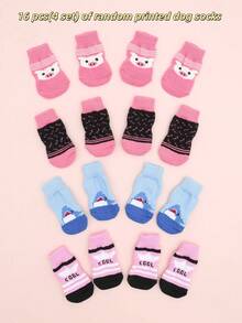 16 piezas (4 juegos aleatorios) Calcetines lindos para mascotas con estampado de perro, antideslizantes, zapatos para gatos y cachorros, protección de patas, suministros adecuados para perros pequeños, antideslizantes para interiores - Multicolor - Ver 14