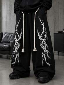 HEYKESON Men's Personalized Print Twisted Rope Tassel Drawstring Wide Leg Sweatpants - Black - View 2