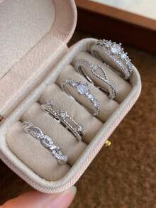 5pcs Fashion Minimalist Cubic Zirconia Multi-Element Open Ring Set Suitable For Women's Daily Wear And Gatherings (Gift Box Not Included) - Silver - View 13