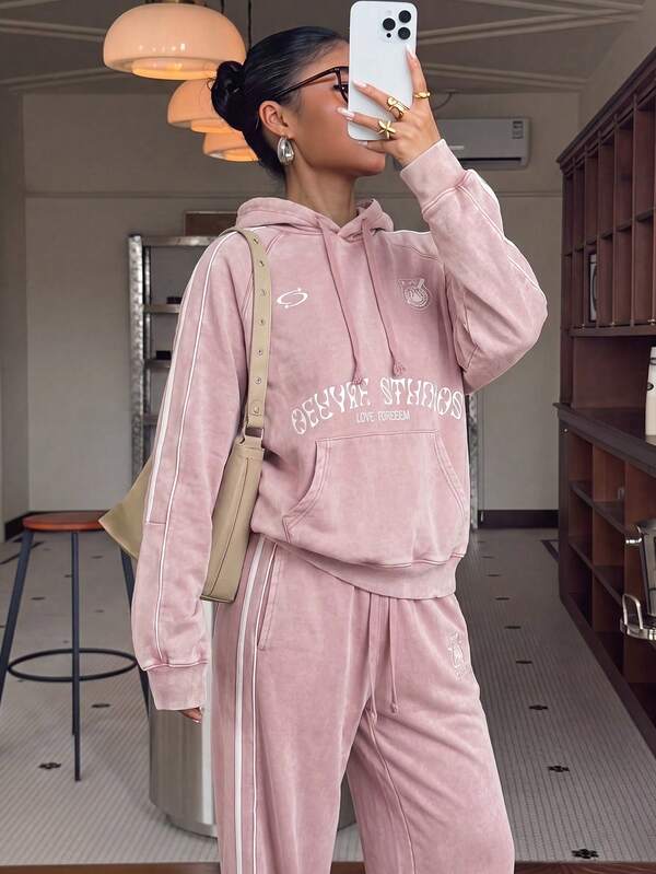 Autumn Raglan Striped Hoodie And Sweatpants Set For Women, Draped Wide-Leg Joggers, 2-Piece Set