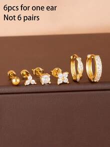 6pcs/Set Women's Elegant 18K Gold Plated Cubic Zirconia Twisted Hoop Earrings Stainless Steel Flower Stud Piercing Earrings Gift - Gold-6pcs - View 5