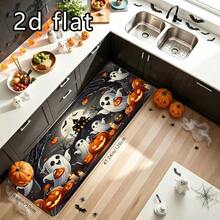 1pc Halloween Dark Background Cute Ghost Pumpkin Castle Print Anti-Slip Kitchen Mat, Waterproof Oil-Resistant Cartoon Holiday Foot Mat, Tombstone Spider Web Candle Full Moon Bat Atmospheric Scene, Machine Washable, Suitable For Kitchen, Entrance Hallway, Bathroom, All Seasons - Multicolor - View 7