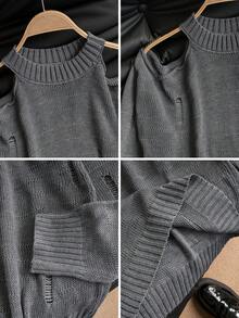 Sweater Rajut Wanita Korea Y2K Musim Gugur/Dingin Minimalis Seksi Satu Bahu Hollow Out Distressed Off Shoulder Manis Lucu Longgar Melangsingkan Pelindung Matahari Kardigan Wanita - Grey - View 9