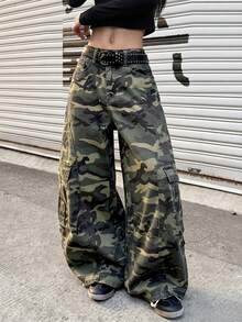 1pc Japanese Street Style Women's Multi-Pocket Curved Leg Loose Comfortable Wide Leg Jeans Long Pants (This Product Does Not Include Belt/Accessories) - Green - View 8