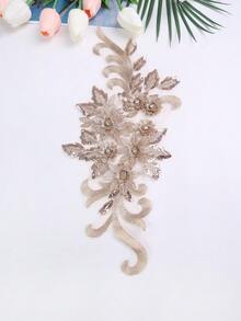 XDH2490 3D刺繡貼花配珠飾，婚紗配件，網紗蕾絲DIY表演服裝刺繡補丁/長度:39CM/寬度:16CM - 咖色 - 查看 4