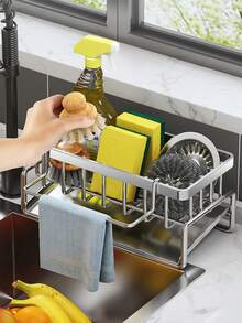 1pc Stainless Steel Kitchen Sink Caddy, Sponge Holder & Dish Soap Organizer With Towel Bar, Drip Tray, Drain Rack, Brush Holder For Countertop, Dishcloth, Scrubber, Soap, Bottle, Small Kitchen Sink Storage - Multiple Styles and Colors - View 2