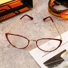 1 Pair Women's New Cat Eye Fashion Glasses, Full Frame Solid Color Transparent Lenses, Rhinestone Decor, Metal Temple Design, Decorative Glasses, Elegant Style Women's Fashion Accessory - Classic Pink Frame - View 11