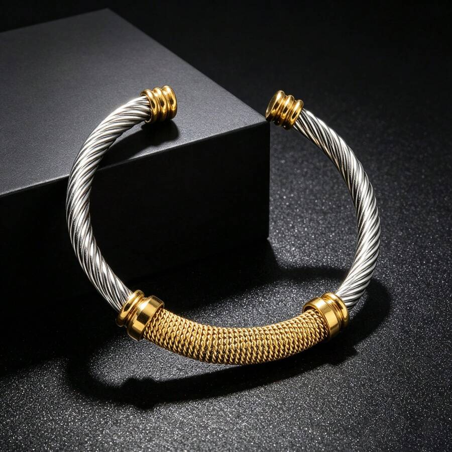 加粗雙色扭繩編織 18K 金鍍層不鏽鋼手鍊,中性款,適合日常配戴、派對、嘻哈街頭風 - 彩色 - 查看 1