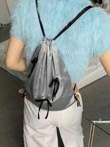 開學季時尚抽繩水桶包輕量後背包 女款大學生旅行逛街購物大容量通勤日常可折疊學生背包 - 銀色 - 查看 3