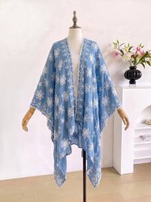 1件式優雅花卉刺繡開襟和服式圍裙女款，春夏波希米亞風外衣，海灘度假防曬裝飾刺繡開襟衫，適合日常穿搭，完美禮物選擇 - 藍色 - 查看 2